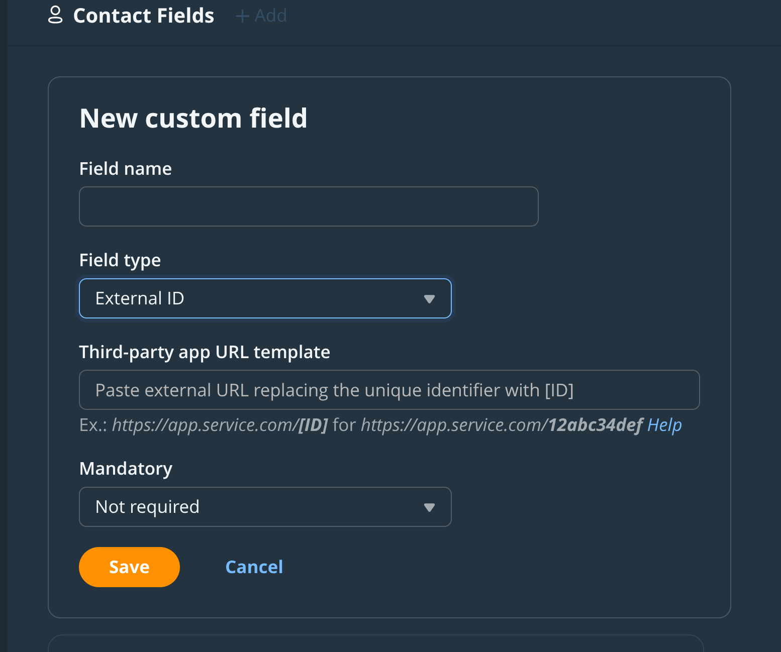 The New custom field form with field type External ID and a third-party app URL template input