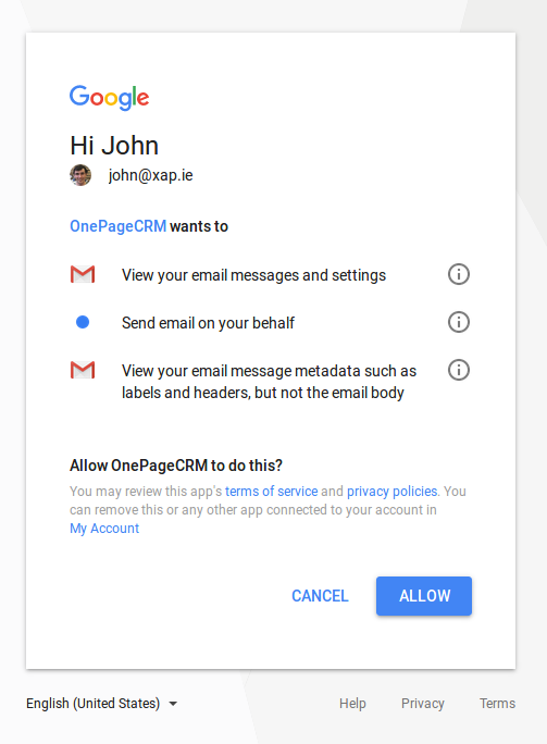 Gmail authentication screen